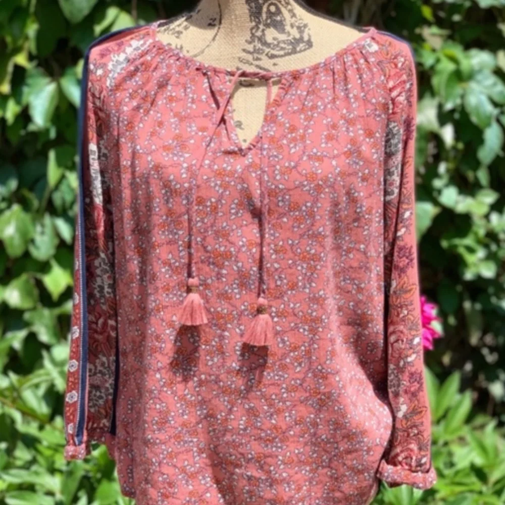 LUCKY BRAND Rust Boho Long Sleeve Contrast Stripe Floral Tassel-Tie Blouse, S - Picture 7 of 11